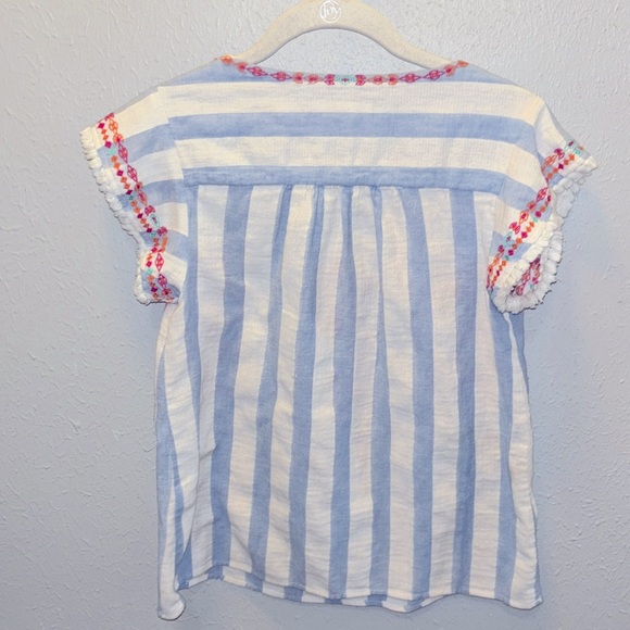 THML  Boho Embroidered Floral Top Blouse Blue Stripe Women’s Size XS - Picture 6 of 8